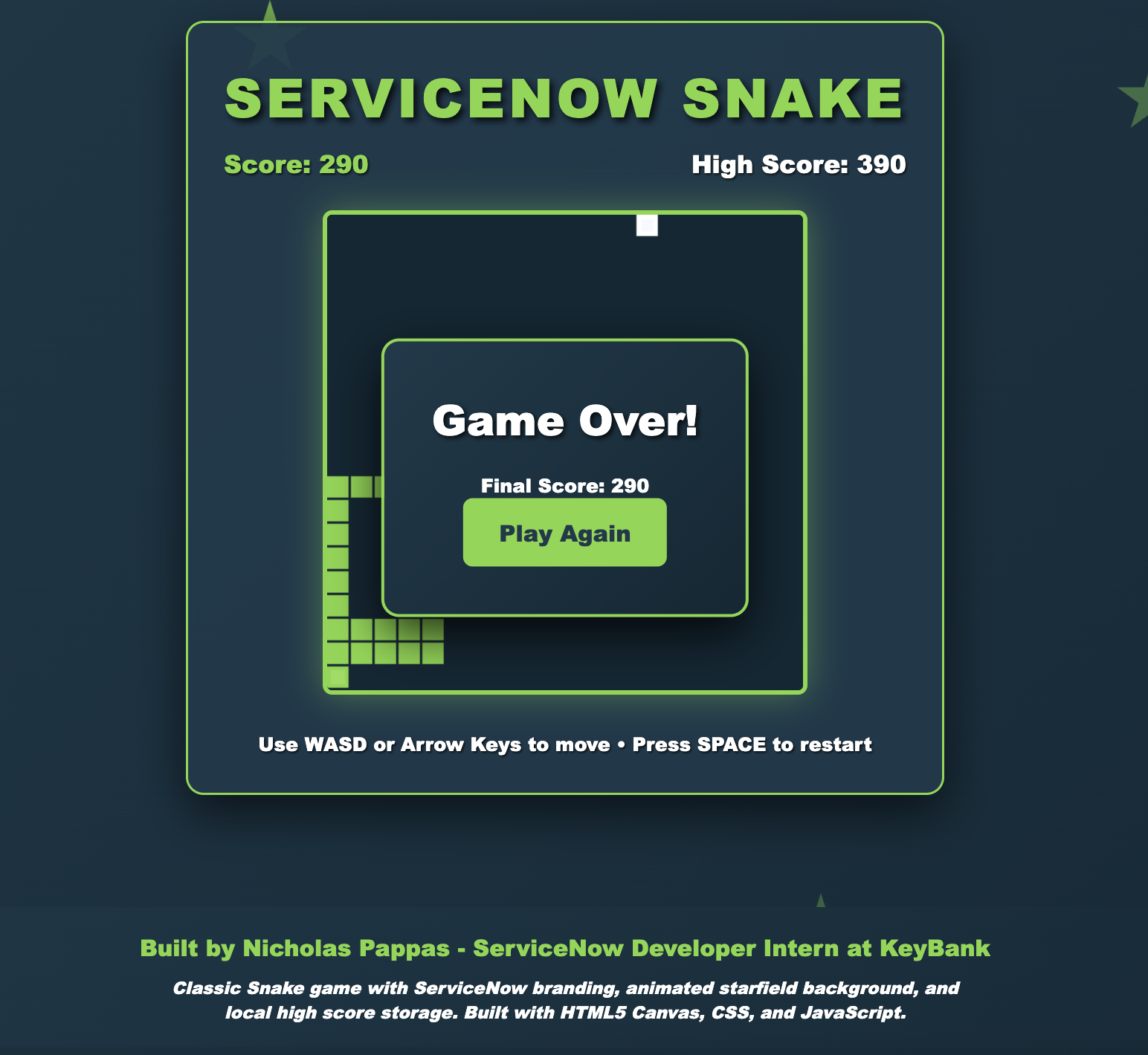 ServiceNow Snake Game Screenshot